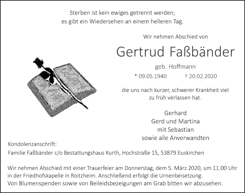  Traueranzeige für Gertrud Faßbänder vom 29.02.2020 aus  Blickpunkt Euskirchen 