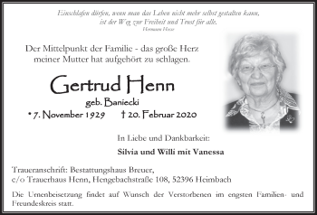 Anzeige von Gertrud Henn von  Blickpunkt Euskirchen 