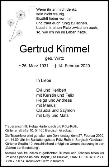Anzeige von Gertrud Kimmel von  Bergisches Sonntagsblatt 