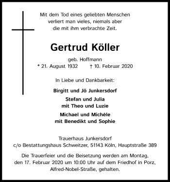 Anzeige von Gertrud Köller von Kölner Stadt-Anzeiger / Kölnische Rundschau / Express