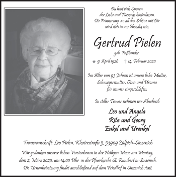 Anzeige von Gertrud Pielen von  Blickpunkt Euskirchen 