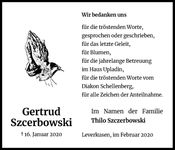 Anzeige von Gertrud Szcerbowski von Kölner Stadt-Anzeiger / Kölnische Rundschau / Express