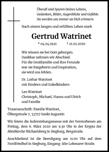 Anzeige von Gertrud Watrinet von Kölner Stadt-Anzeiger / Kölnische Rundschau / Express