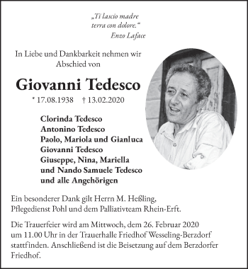 Anzeige von Giovanni Tedesco von  Schlossbote/Werbekurier 