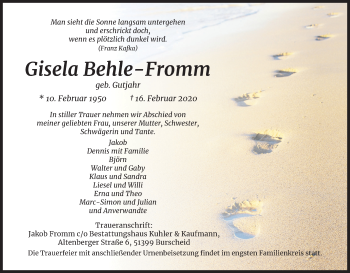 Anzeige von Gisela Behle-Fromm von Kölner Stadt-Anzeiger / Kölnische Rundschau / Express