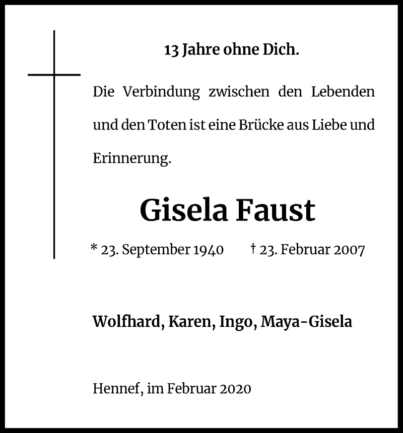  Traueranzeige für Gisela Faust vom 22.02.2020 aus Kölner Stadt-Anzeiger / Kölnische Rundschau / Express