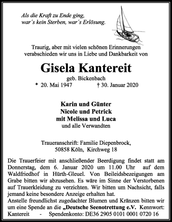 Anzeige von Gisela Kantereit von Kölner Stadt-Anzeiger / Kölnische Rundschau / Express