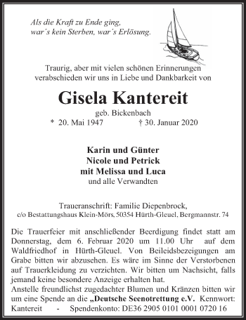Anzeige von Gisela Kantereit von  Wochenende 