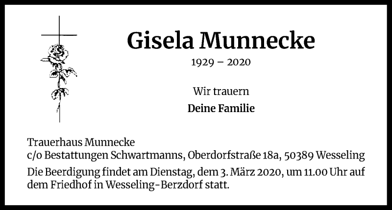  Traueranzeige für Gisela Munnecke vom 29.02.2020 aus Kölner Stadt-Anzeiger / Kölnische Rundschau / Express