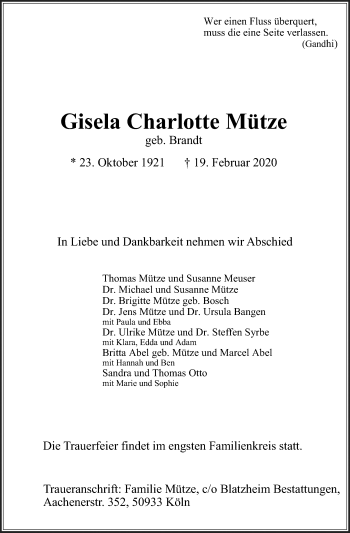 Anzeige von Gisela Charlotte Mütze von Kölner Stadt-Anzeiger / Kölnische Rundschau / Express