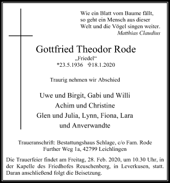 Anzeige von Gottfried Theodor Rode von Kölner Stadt-Anzeiger / Kölnische Rundschau / Express