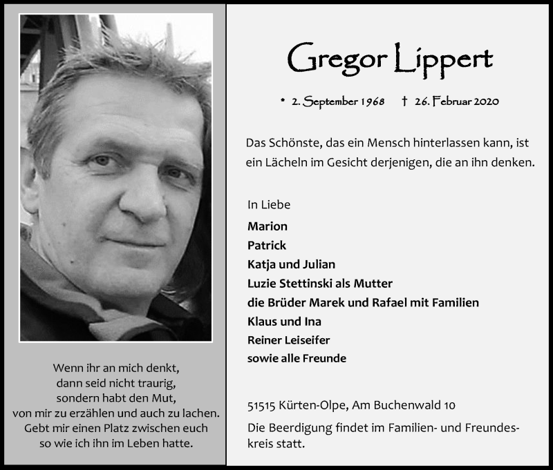  Traueranzeige für Gregor Lippert vom 29.02.2020 aus Kölner Stadt-Anzeiger / Kölnische Rundschau / Express