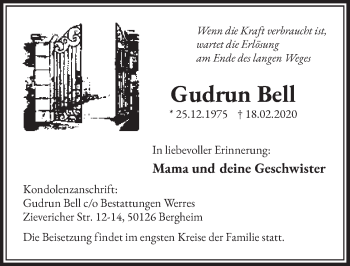 Anzeige von Gudrun Bell von  Sonntags-Post 