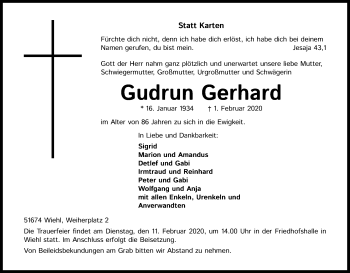Anzeige von Gudrun Gerhard von Kölner Stadt-Anzeiger / Kölnische Rundschau / Express