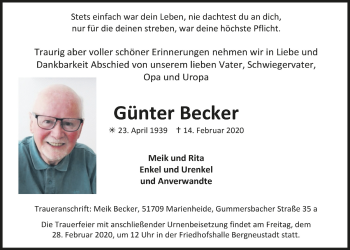 Anzeige von Günter Becker von  Anzeigen Echo 
