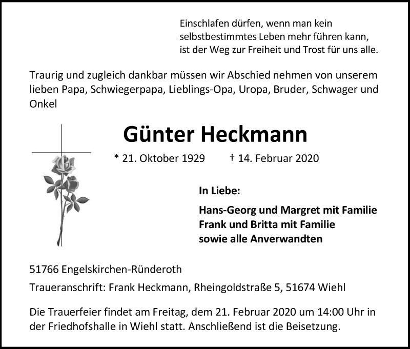  Traueranzeige für Günter Heckmann vom 18.02.2020 aus Kölner Stadt-Anzeiger / Kölnische Rundschau / Express