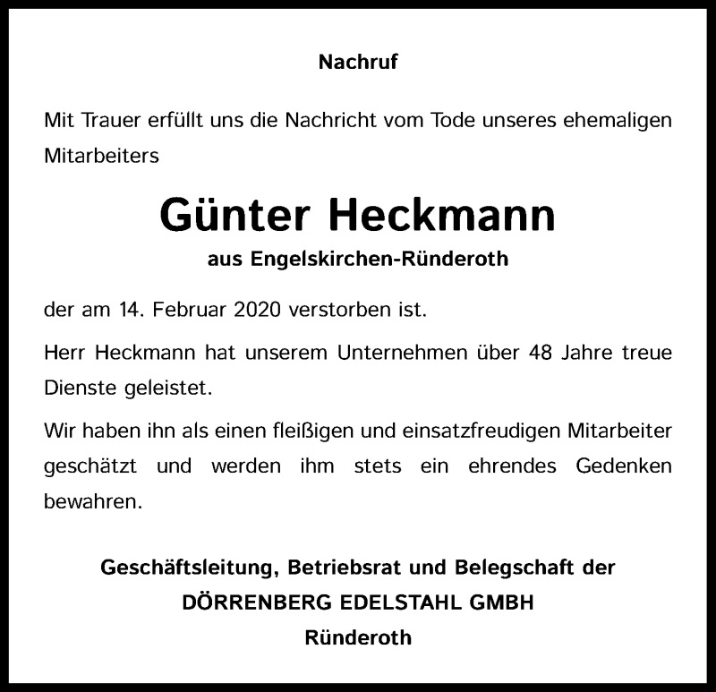  Traueranzeige für Günter Heckmann vom 21.02.2020 aus Kölner Stadt-Anzeiger / Kölnische Rundschau / Express