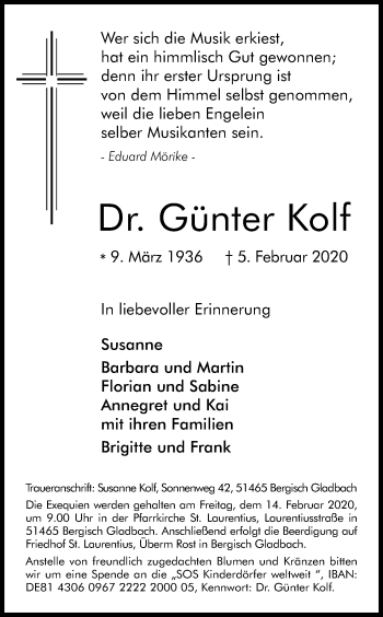 Anzeige von Günter Kolf von Kölner Stadt-Anzeiger / Kölnische Rundschau / Express