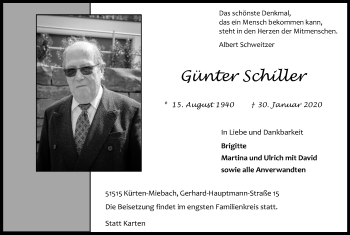 Anzeige von Günter Schiller von Kölner Stadt-Anzeiger / Kölnische Rundschau / Express