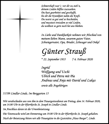 Anzeige von Günter Strauß von Kölner Stadt-Anzeiger / Kölnische Rundschau / Express