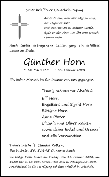 Anzeige von Günther Horn von Kölner Stadt-Anzeiger / Kölnische Rundschau / Express