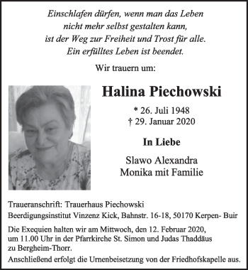 Anzeige von Halina Piechowski von  Sonntags-Post 