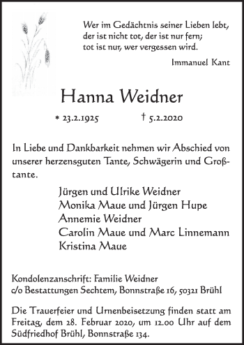 Anzeige von Hanna Weidner von  Schlossbote/Werbekurier 