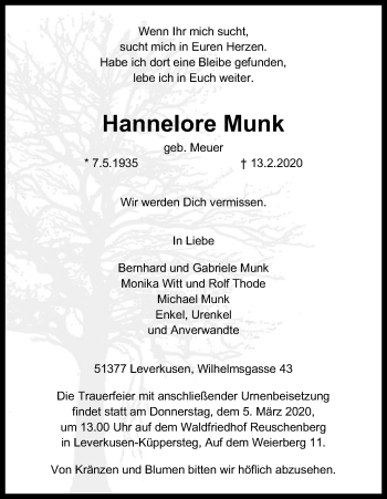 Anzeige von Hannelore Munk von Kölner Stadt-Anzeiger / Kölnische Rundschau / Express