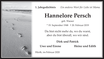 Anzeige von Hannelore Persch von  Wochenende  Schlossbote/Werbekurier 