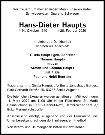 Anzeige von Hans-Dieter Haupts von Kölner Stadt-Anzeiger / Kölnische Rundschau / Express