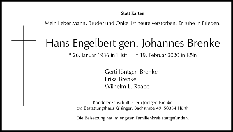  Traueranzeige für Hans Engelbert vom 29.02.2020 aus Kölner Stadt-Anzeiger / Kölnische Rundschau / Express