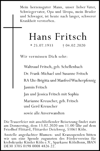 Anzeige von Hans Fritsch von Kölner Stadt-Anzeiger / Kölnische Rundschau / Express