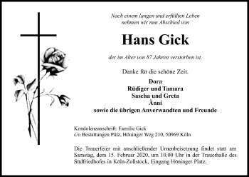 Anzeige von Hans Gick von Kölner Stadt-Anzeiger / Kölnische Rundschau / Express