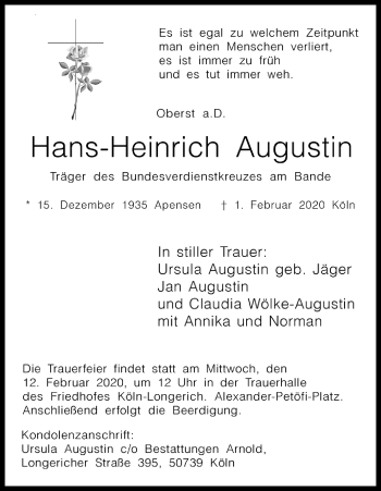 Anzeige von Hans-Heinrich Augustin von Kölner Stadt-Anzeiger / Kölnische Rundschau / Express