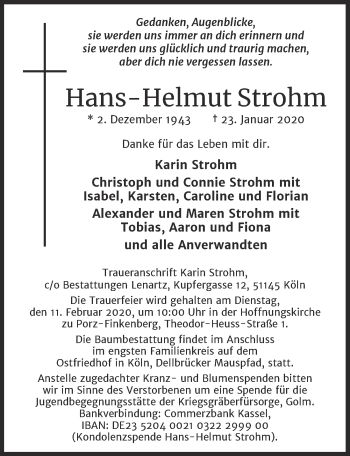 Anzeige von Hans-Helmut Strohm von  Kölner Wochenspiegel 