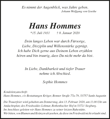Anzeige von Hans Hommes von  Rhein-Sieg-Wochenende 