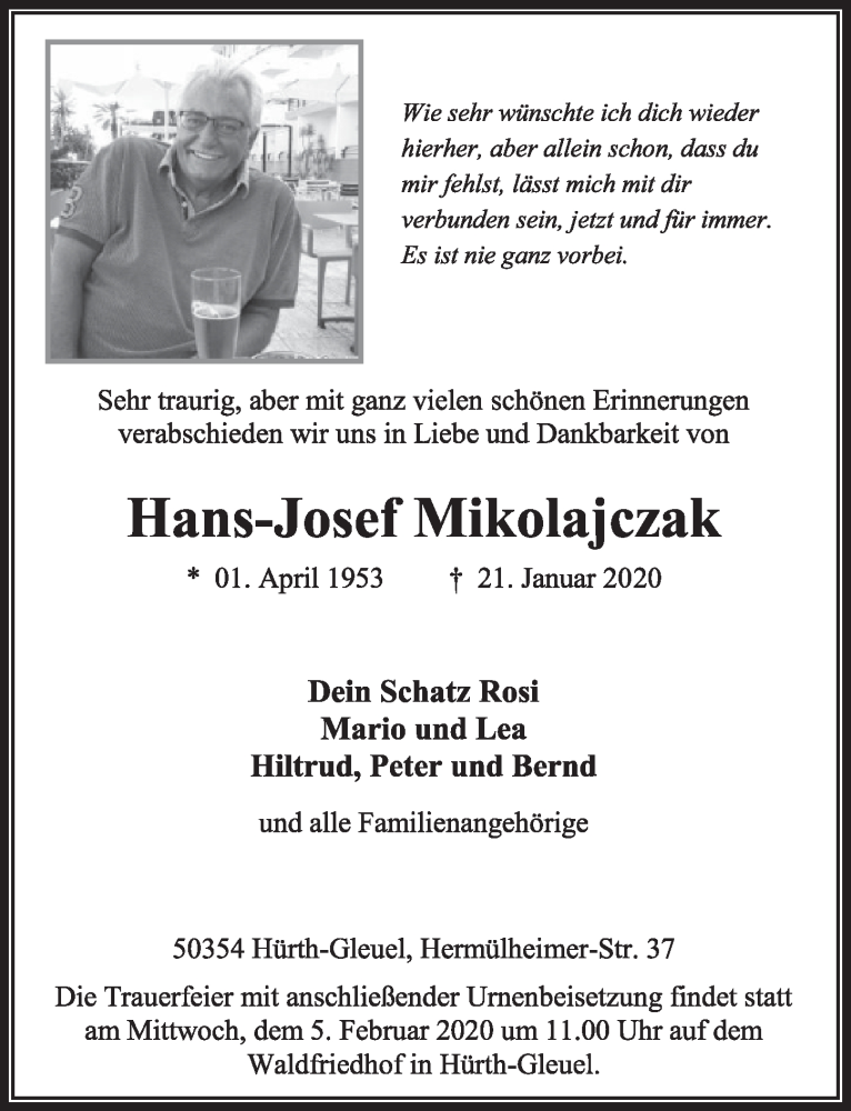  Traueranzeige für Hans-Josef Mikolajczak vom 01.02.2020 aus  Sonntags-Post 