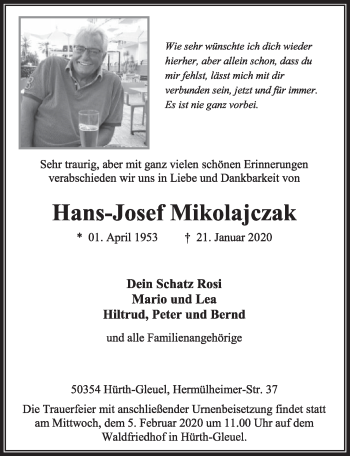 Anzeige von Hans-Josef Mikolajczak von  Sonntags-Post 