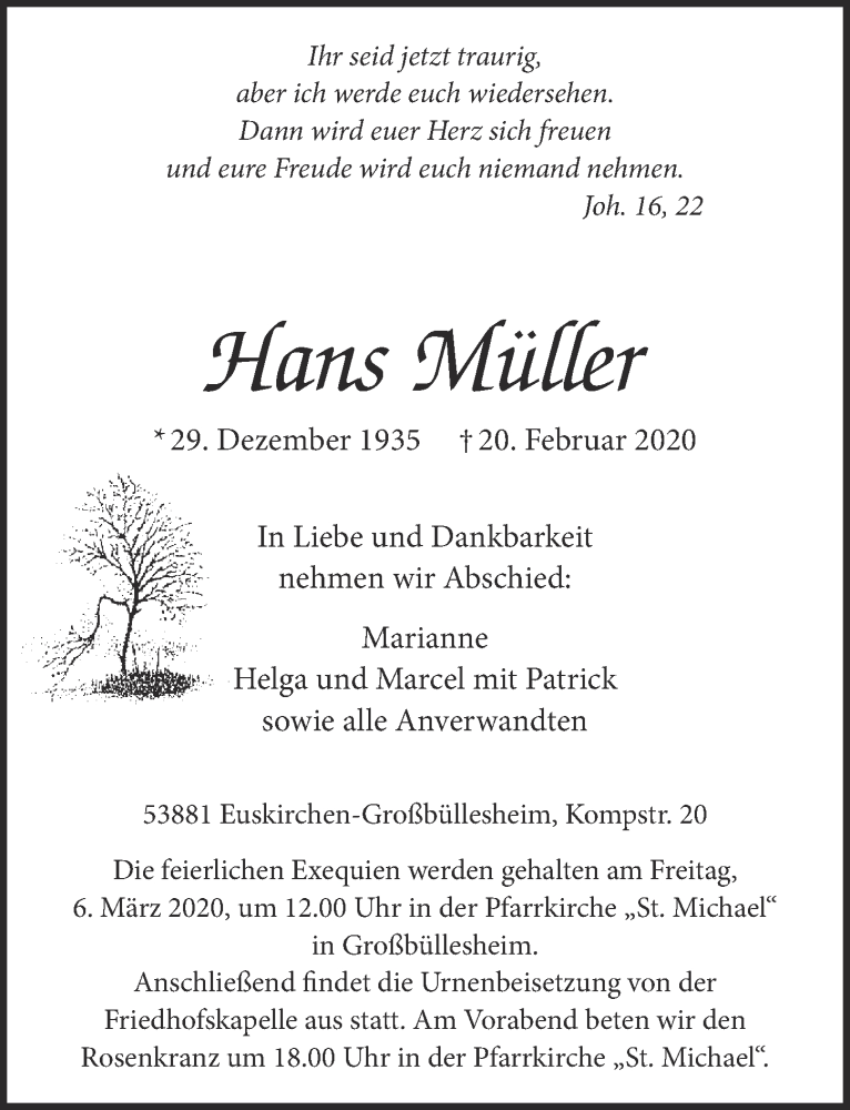  Traueranzeige für Hans Müller vom 29.02.2020 aus  Blickpunkt Euskirchen 