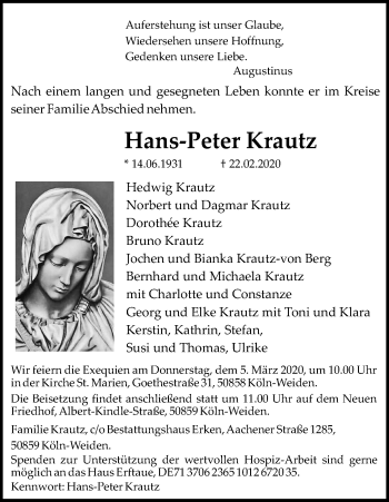 Anzeige von Hans-Peter Krautz von Kölner Stadt-Anzeiger / Kölnische Rundschau / Express