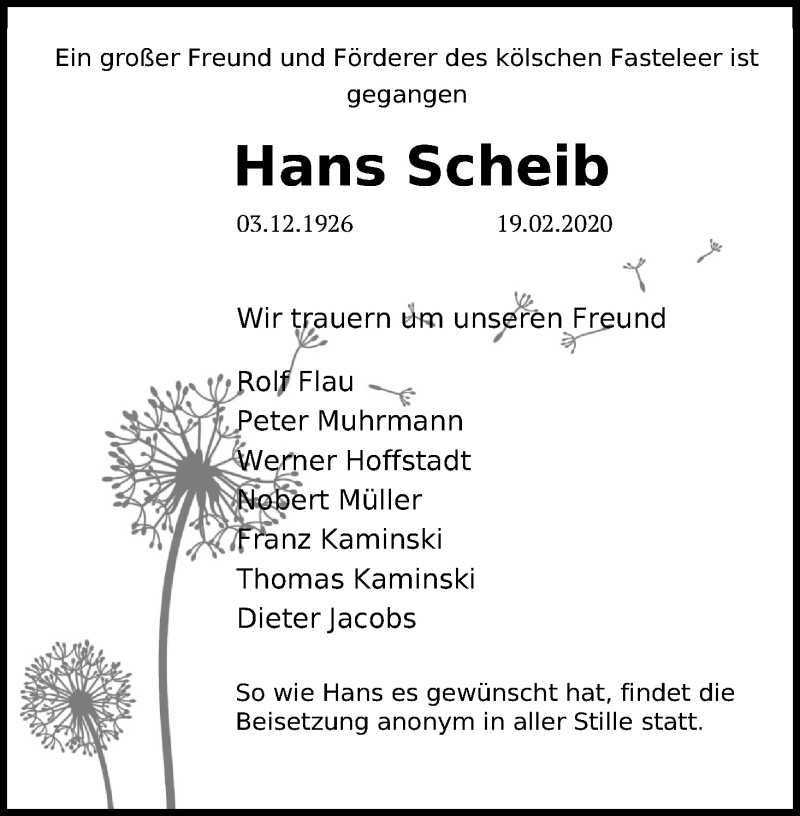  Traueranzeige für Hans Scheib vom 29.02.2020 aus Kölner Stadt-Anzeiger / Kölnische Rundschau / Express