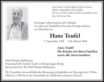 Anzeige von Hans Teufel von  Sonntags-Post 