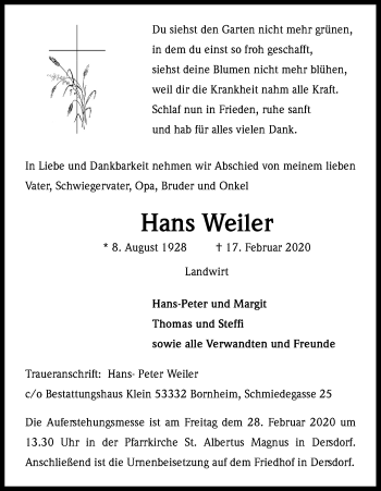 Anzeige von Hans Weiler von Kölner Stadt-Anzeiger / Kölnische Rundschau / Express