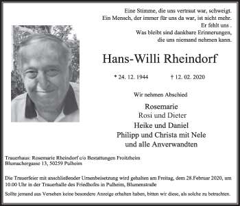 Anzeige von Hans-Willi Rheindorf von  Sonntags-Post 