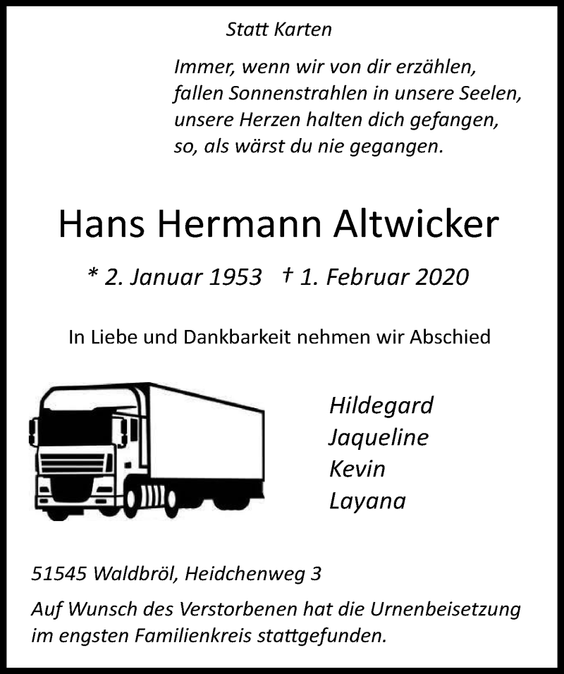  Traueranzeige für Hans Hermann Altwicker vom 19.02.2020 aus  Lokalanzeiger 
