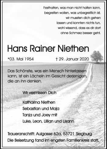 Anzeige von Hans Rainer Niethen von Kölner Stadt-Anzeiger / Kölnische Rundschau / Express