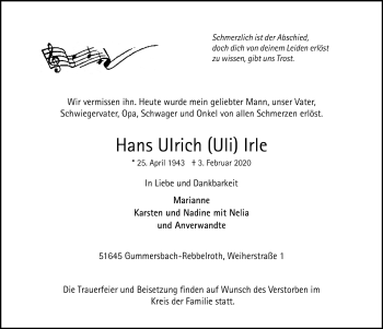 Anzeige von Hans Ulrich Irle von  Anzeigen Echo 