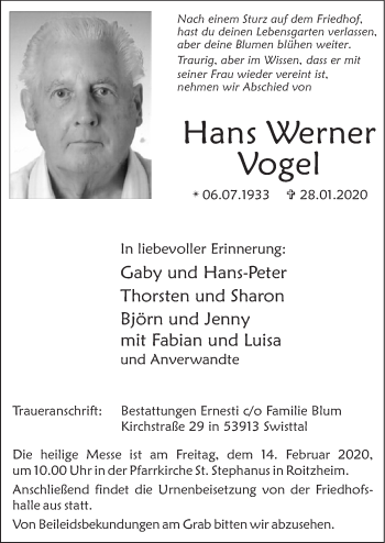 Anzeige von Hans Werner Vogel von  Blickpunkt Euskirchen 