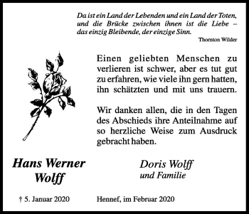 Anzeige von Hans Werner Wolff von Kölner Stadt-Anzeiger / Kölnische Rundschau / Express