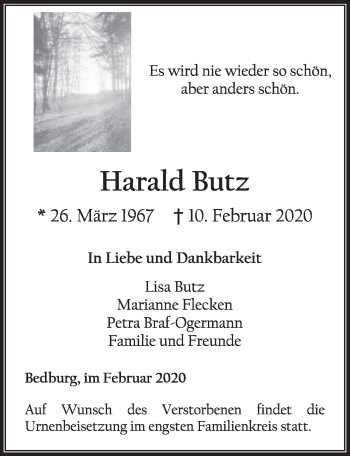 Anzeige von Harald Butz von  Sonntags-Post 